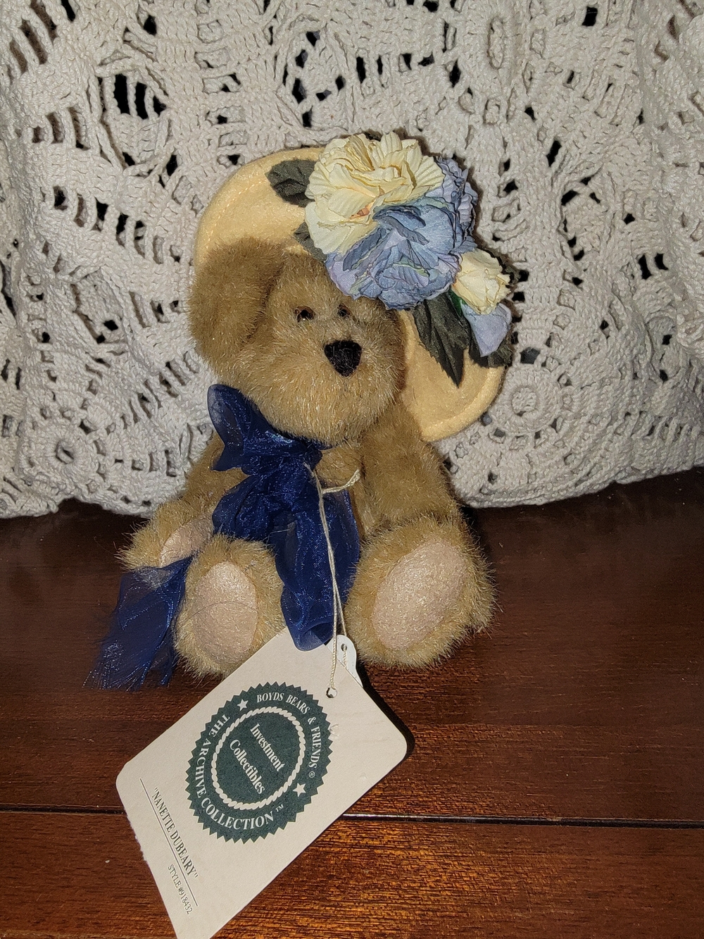 Boyds Bears Nanette Plush Sitting Teddy with Yellow Hat & Blue Ribbon